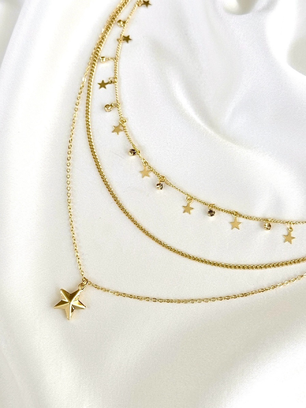 14K Gold Plated Layered Star Charm Necklace Set | Triple Strand Chain Jewelry - Picture 3 of 8
